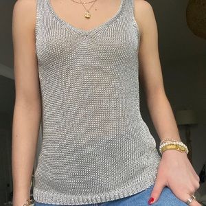 BAR III Silver Herringbone Shimmer Sleeveless V Neck Tank Top, Small